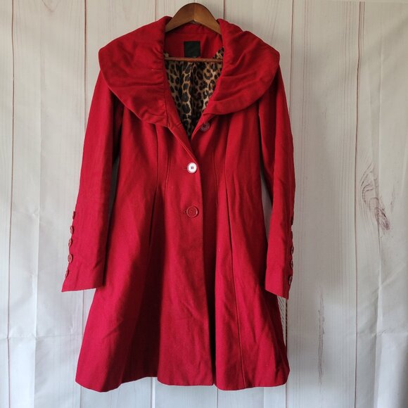 Express Pea Coat w/Leopard Interior, Wool Blend, Button Front, Women’s S, Red - Picture 1 of 9